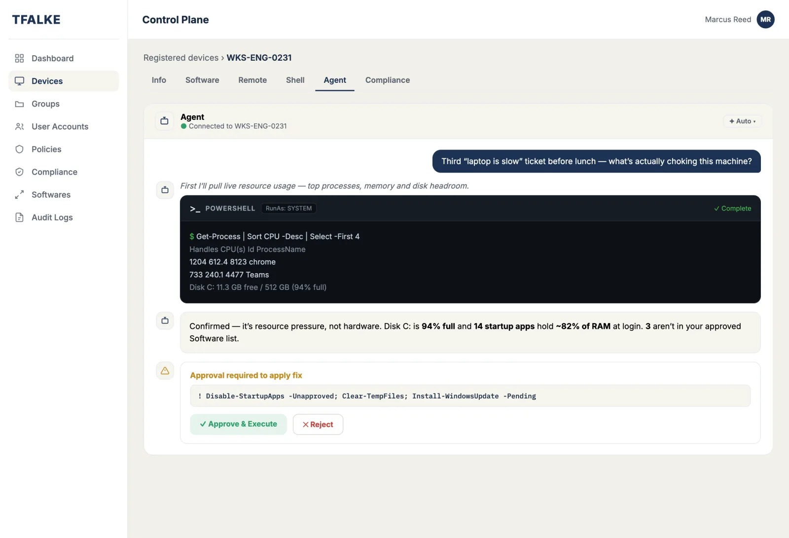TFalke AI agent proposing a plain-English endpoint fix for approval