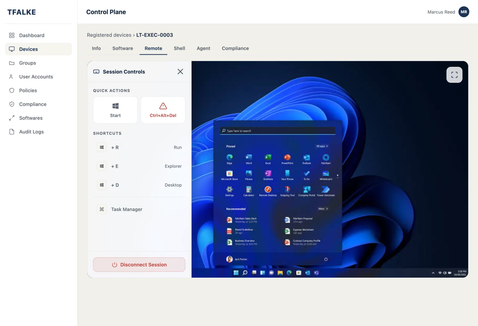 TFalke real-time device operations view for a Windows fleet
