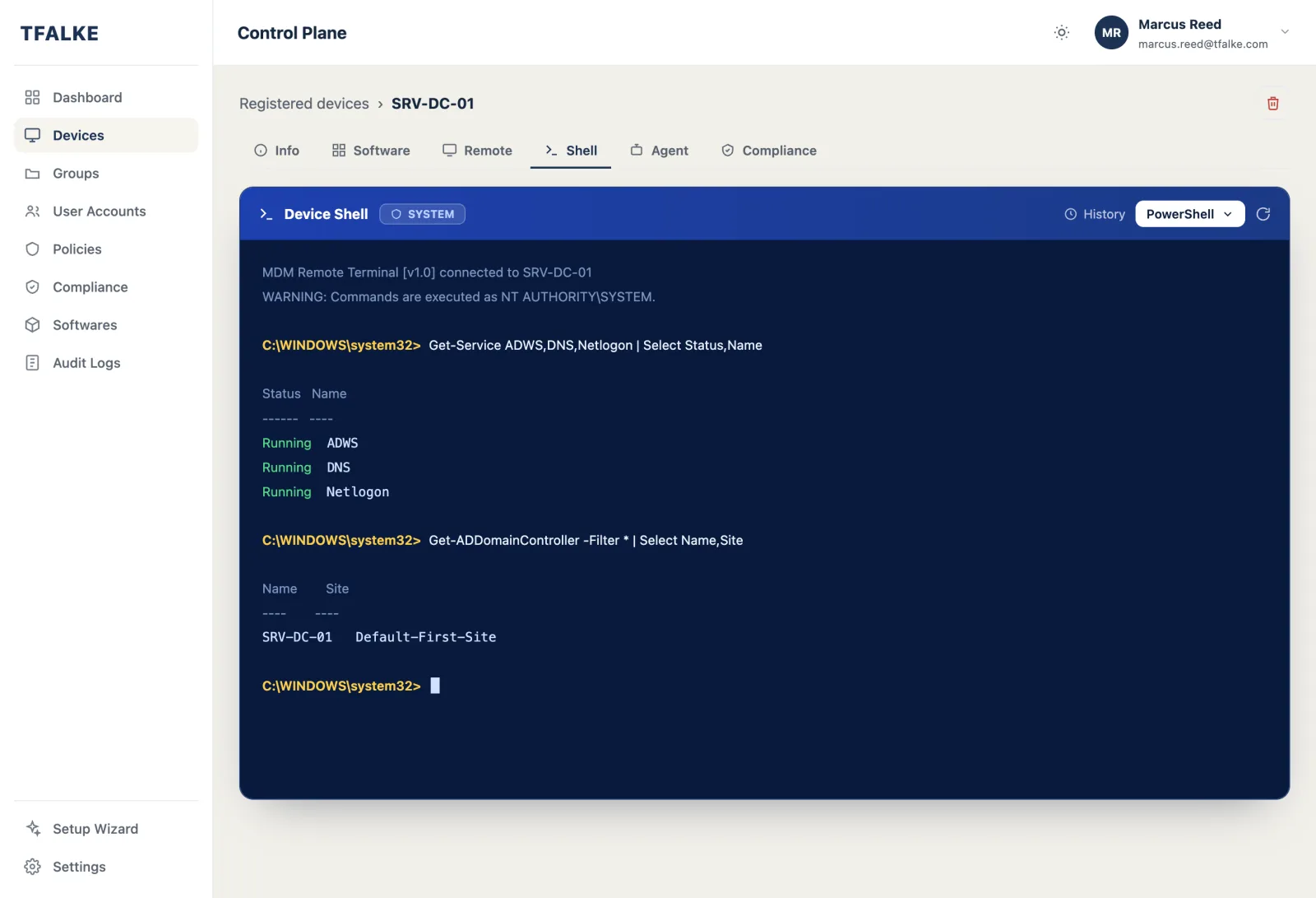 TFalke interactive Device Shell (CMD and PowerShell) on a Windows endpoint